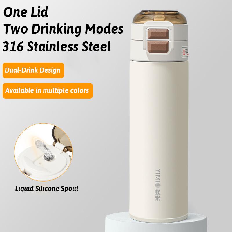 500ml Lightweight Portable Dual Drink OneTouch Insulated Stainless Steel Tumbler Leakproof Thermo Mug Heat Cold Retention Travel