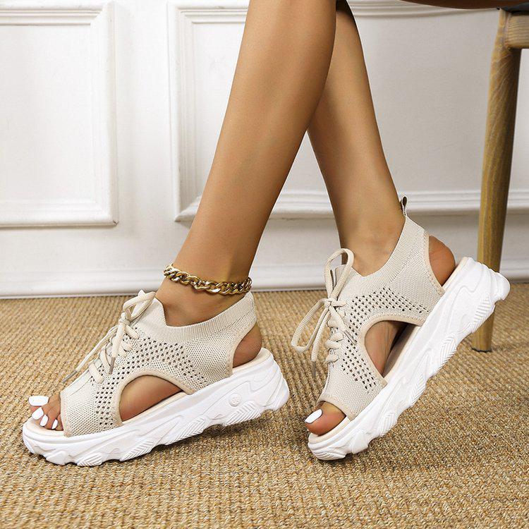 New 2023 Lace-up Peep-toe Fly-knit Casual Women's Sandals, Size 43, Plus Size, European and American Style.