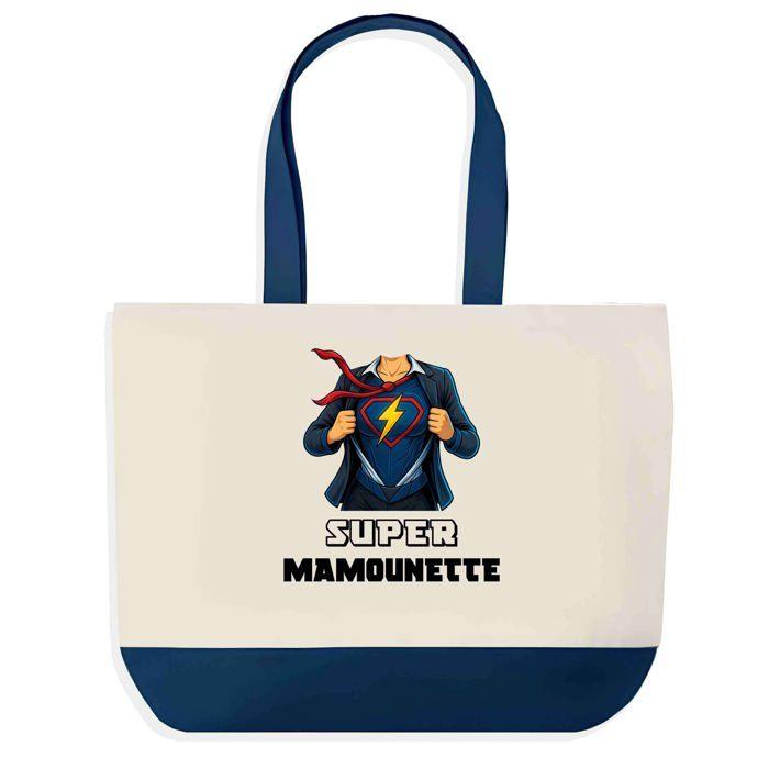 Sac shopping - PLANETEE - Super Mamounette - Fond bleu - Coton 40x45 cm - Grand format