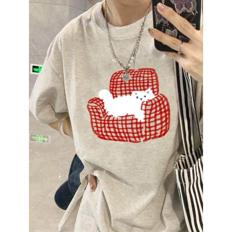 Women s Round Neck Short Sleeve Cotton T-Shirt Loose Fit Cute Cat Print Casual Summer Top M