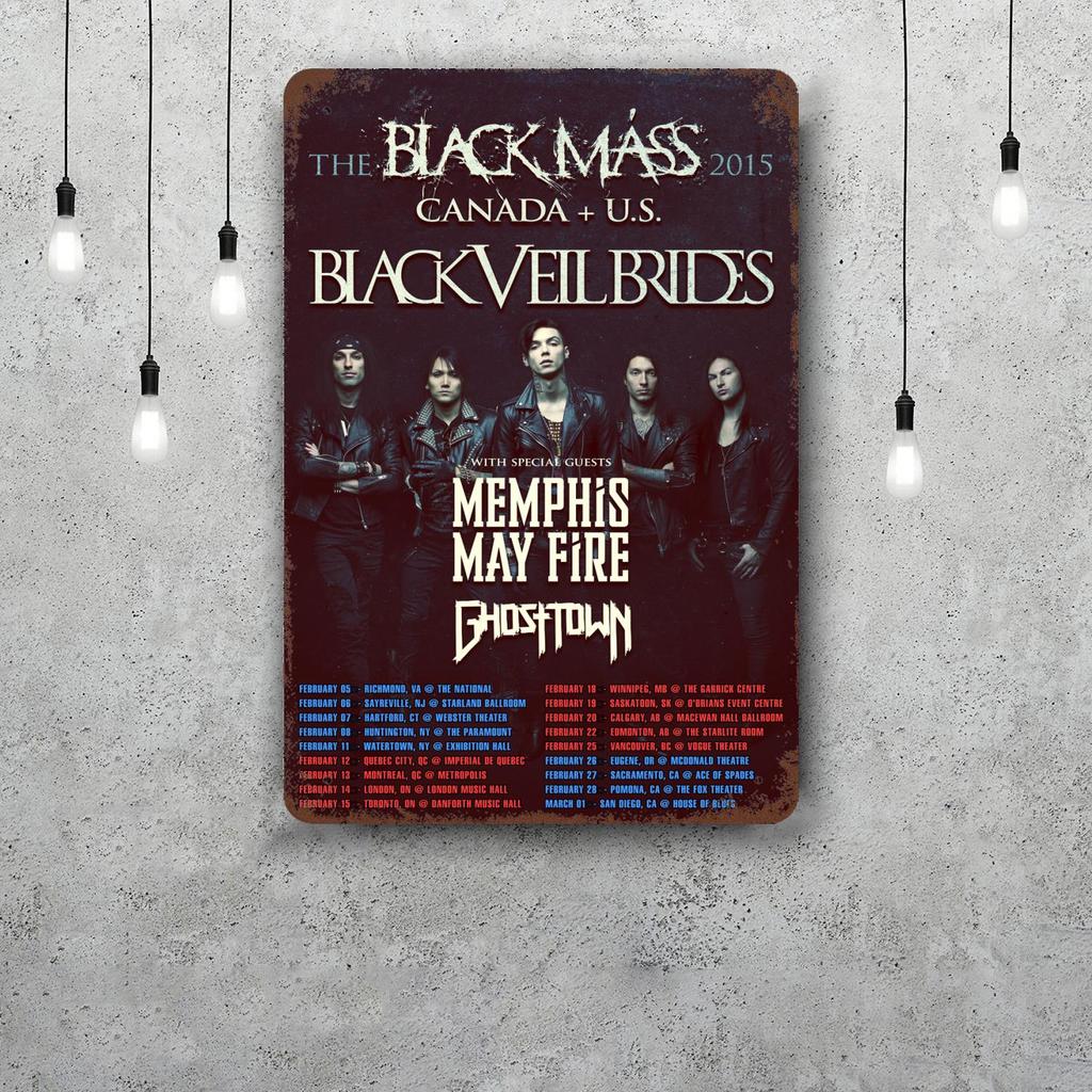 Poster Decorativo Black Veil Brides Segno di Latta Vintage Segno Metallico Placca Decorativa per Pub Bar Man Cave Club Decorazione Murale