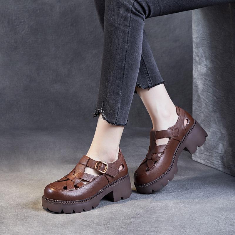 First layer cowhide platform sandals women's summer 2025 new breathable hollow retro muffin Roman loafers women