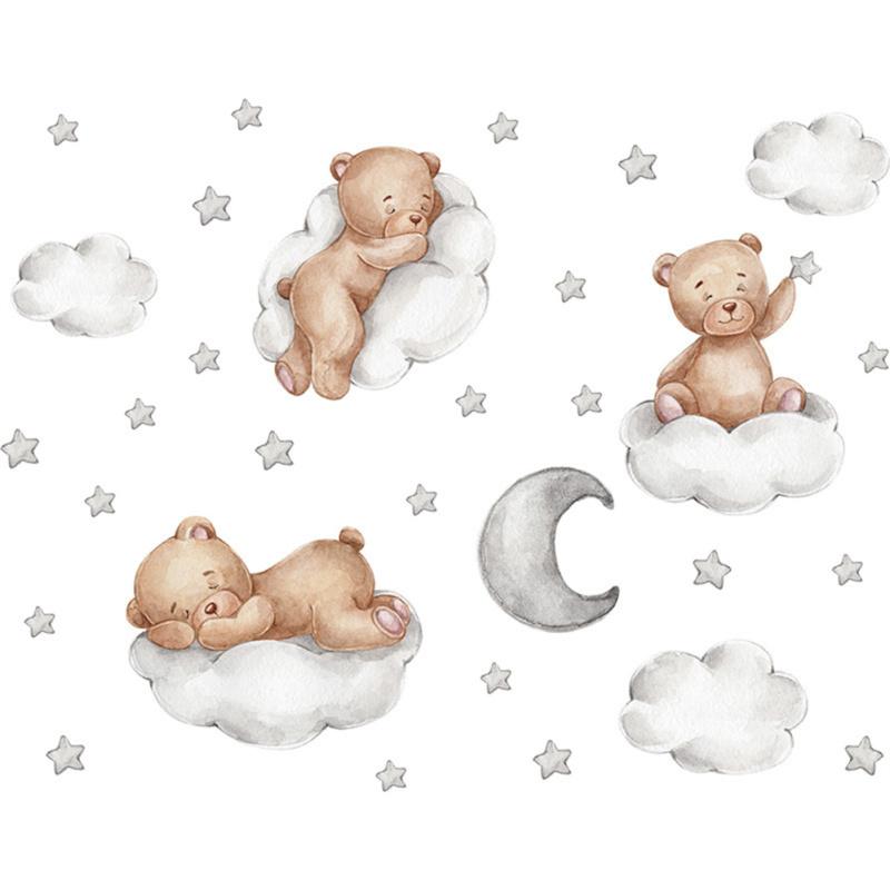 Cartoon Bear Wall Stickers Moon Clouds Stars Removable Wallpaper For Kids Room Home Wall Decoration