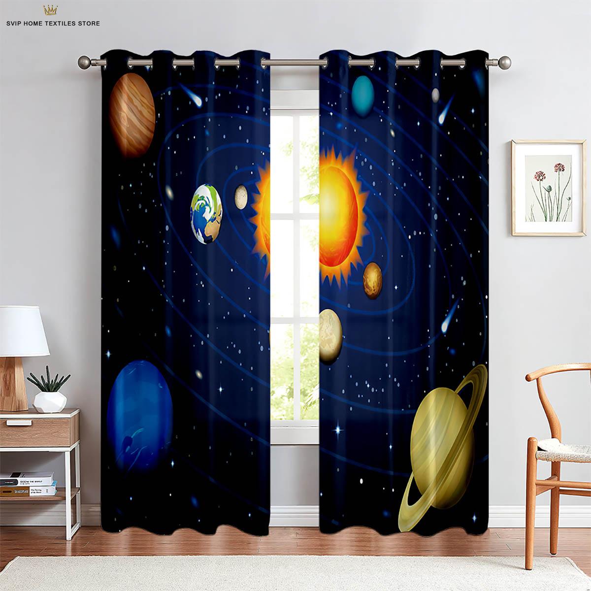 

Dreamy Starry Sky Window Drapes, 3D Printing, Cartoon Planet, Kitchen,Room Living Room, Study, Bedroom,Space Home Decor W50X130H(CM)X2PCS&Rod pocket