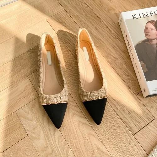 Fashion 2025 Spring and Autumn New Pointed Toe Single Shoes Shallow Mouth Slip-on Flats Metal Decoration Low-heeled Women's Shoes