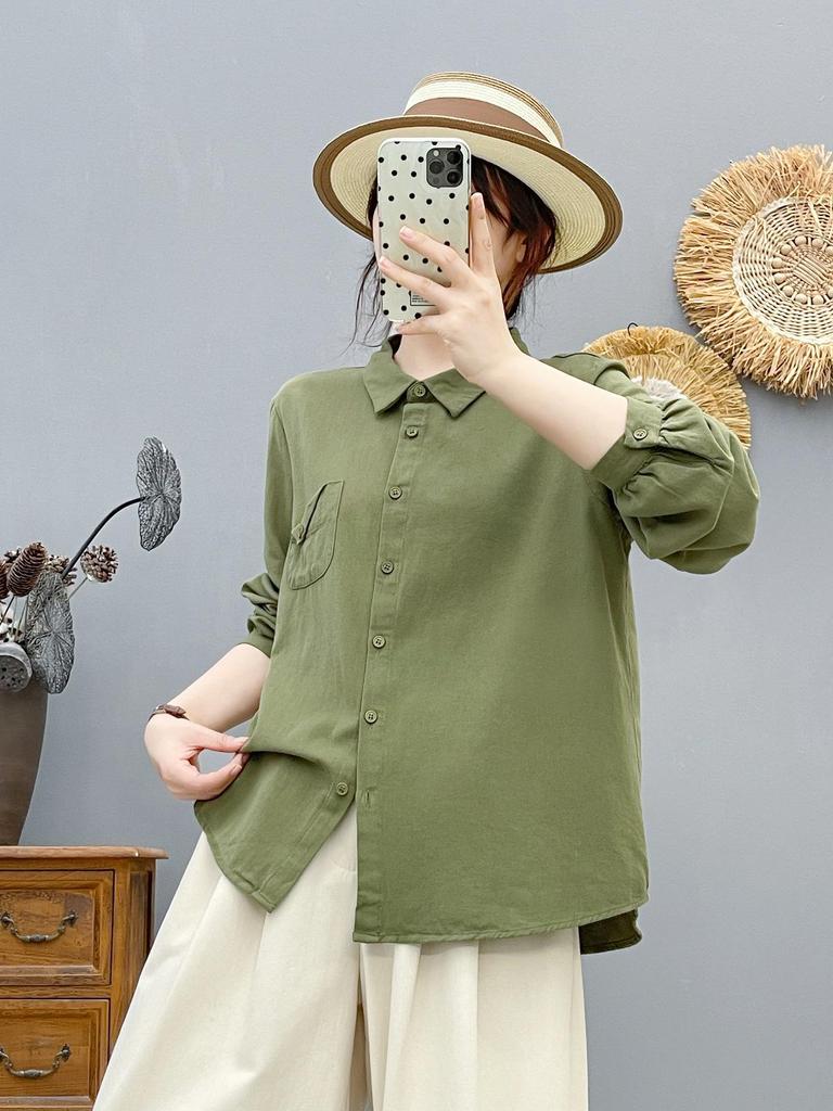2026 Spring Women's Solid Color Slim Fit Long-Sleeve Single-Breasted Brushed Pocket Shirt