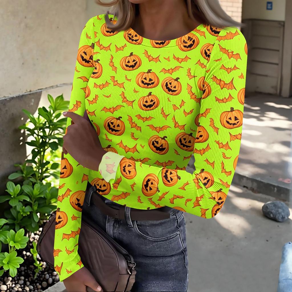 Women's Casual Long Sleeve Ribbed Top Halloween Print Round Neck Stretchy Slim Fit Pullover Shirt for Fall and Winter