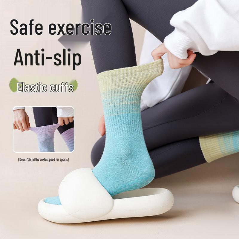 Women's Gradient Yoga Socks: Sweat-Absorbent Mid-Calf, Non-Slip Silicone, Versatile for Pilates and Fitness, Cotton Blend