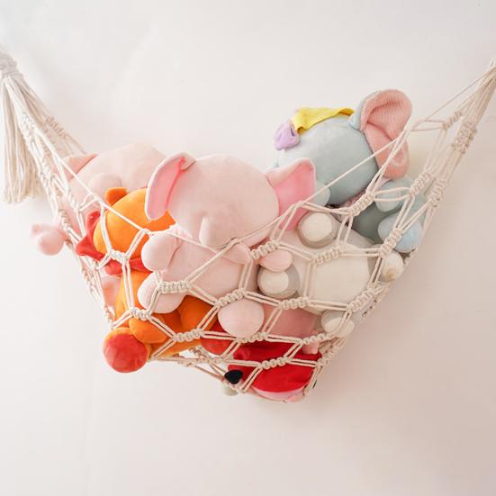 Woven Cotton Toy Net, Boho Wall Hanging Organizer, Handmade Storage Hammock for Stuffed Animals, Kids Room Nursery Decor