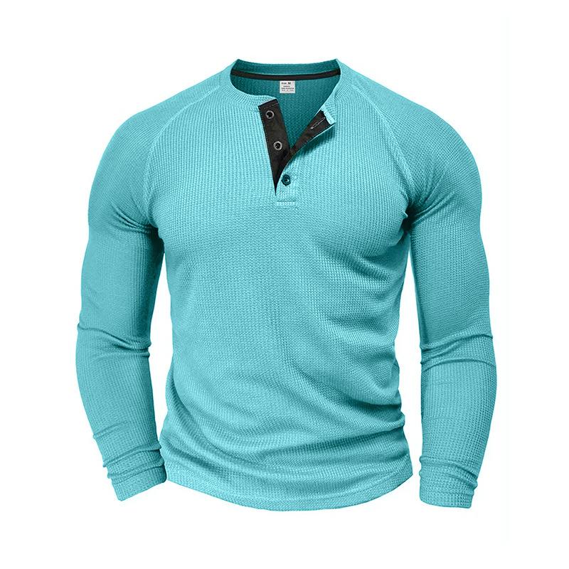 Męskie koszulki polo henley z dzianiny waflowej, z długim rękawem, gładkie, codzienne, sportowe, topy