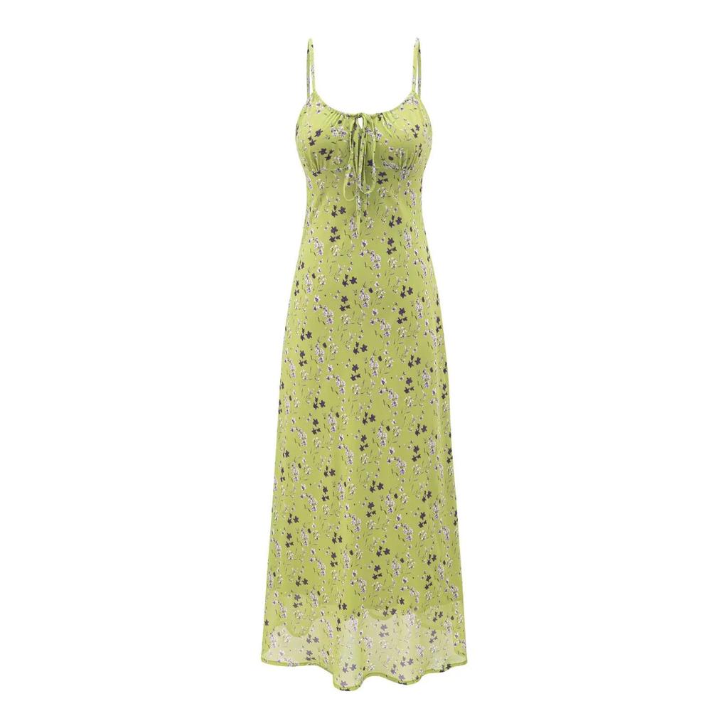 French Retro Green Floral V-Neck Cinched Waist Maxi Dress