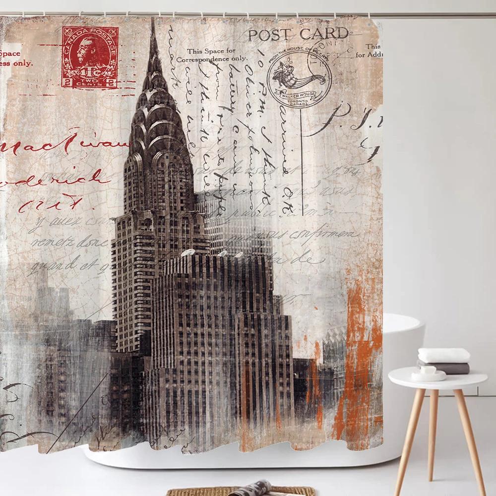 Retro Pariser Turm und Blumen Duschvorhang Druck Modern Nordisch Minimalistisch Polyster Heimdekor Badezimmervorhang mit Haken
