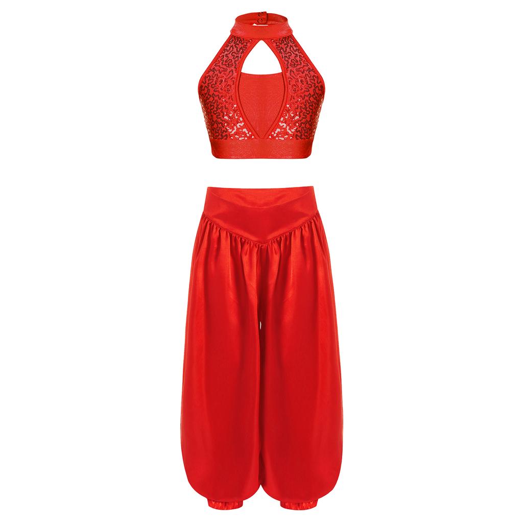 Magdansdräkt för flickor: Mockhals med urringning fram och nyckelhål bak, paljett crop top & vida satinbyxor