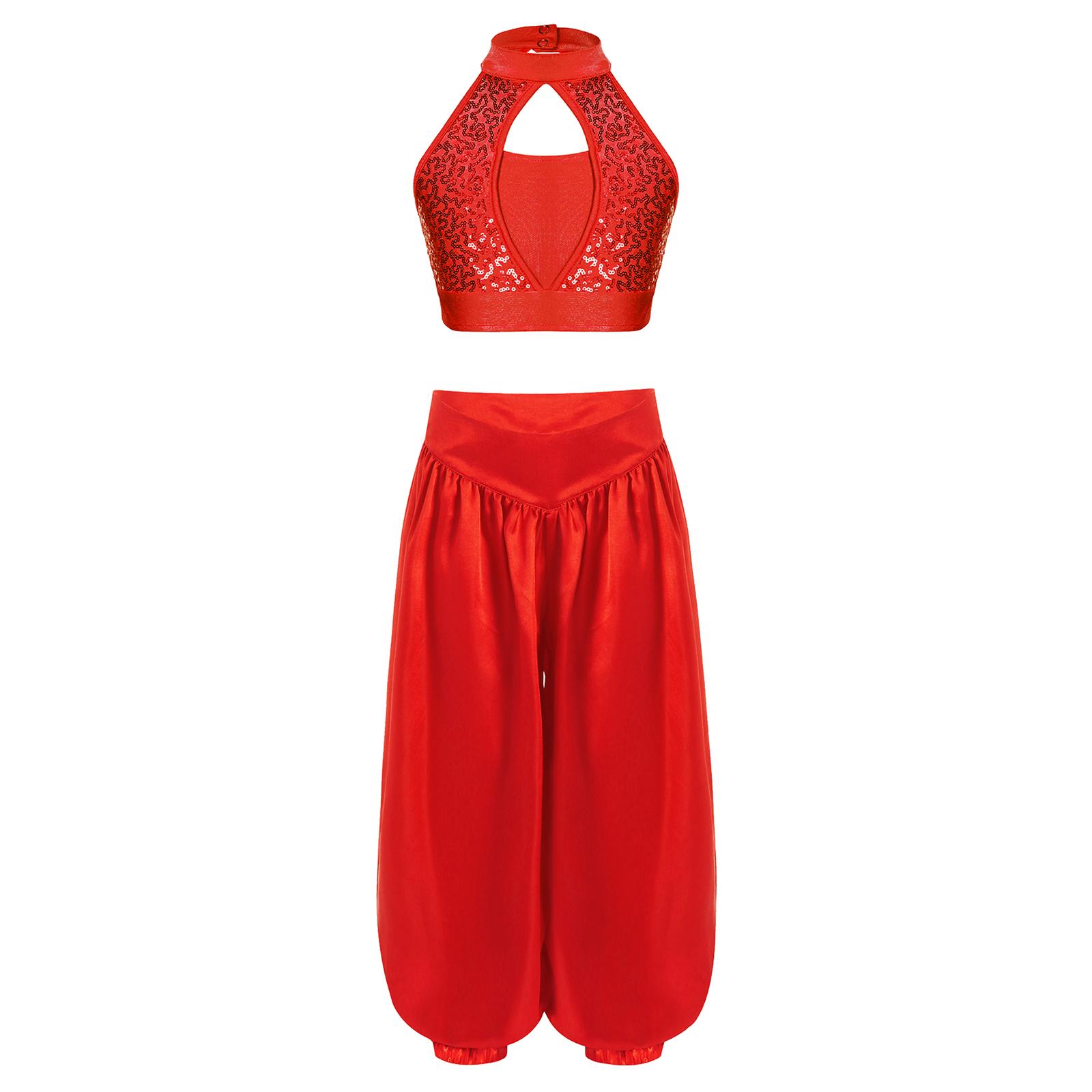 

Girls Belly Dance Set Sequin Crop Top Mock Neck Hollow Front Keyhole Back Paired with Satin Bloomers 5-6 Years червоний