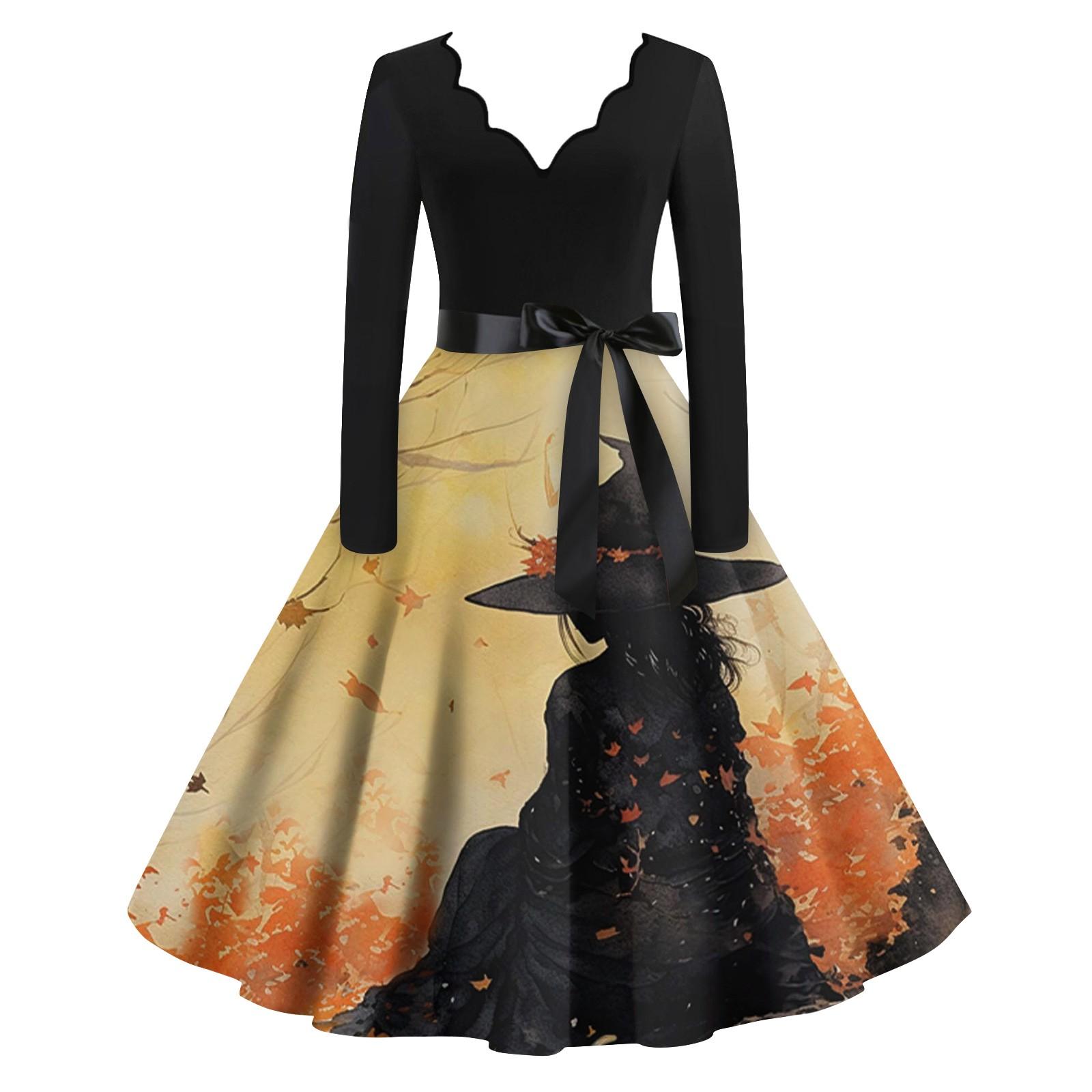 

Женские повседневные модные винтажные длинные платья с длинным рукавом на Хэллоуин и графическим принтом M