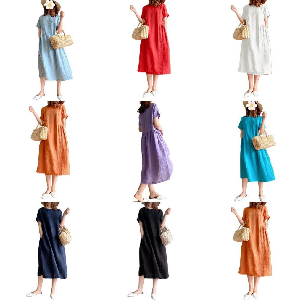 Luxurious Cotton Loose And Thin Dress For Women With Short Sleeves And Round Neck