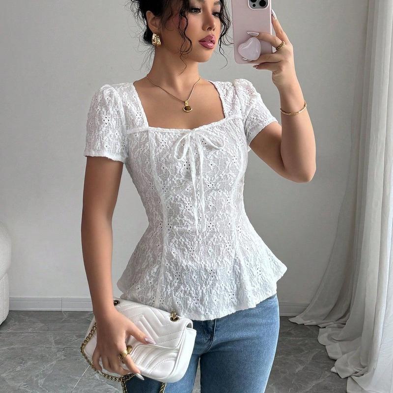 

European Style Women Clothing Summer Fashion Elegant Casual Blouse Square Neck Short Sleeve L