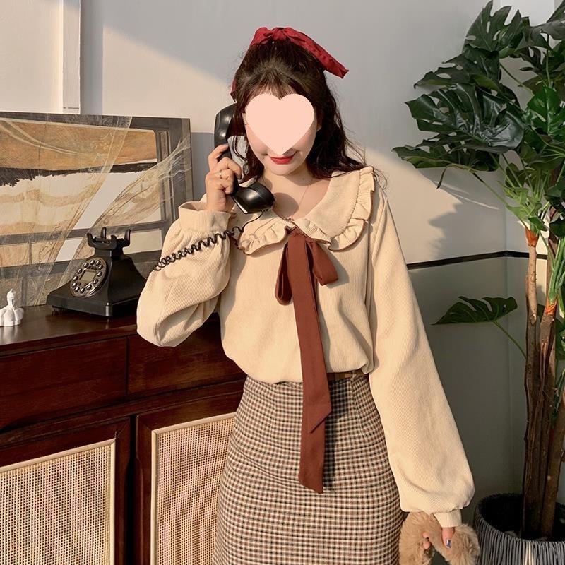 Women's 2025 Corduroy French Retro Doll Collar Top, Spring/Autumn, Hong Kong Style Long Sleeve Shirt