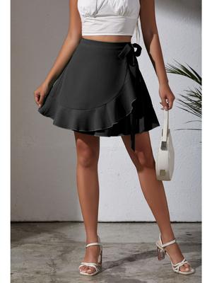 One Piece Lace Up Skirt High Waist Solid Color Ruffled Edge Short Skirt Cross-border Women's Clothing