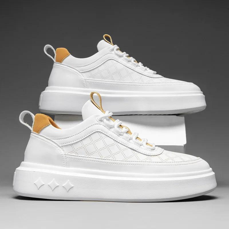 Fashion Men White Sneakers Platform Lace-up Men Leather Casual Shoes Man Lightweight Breathable Male Casual Sneakers