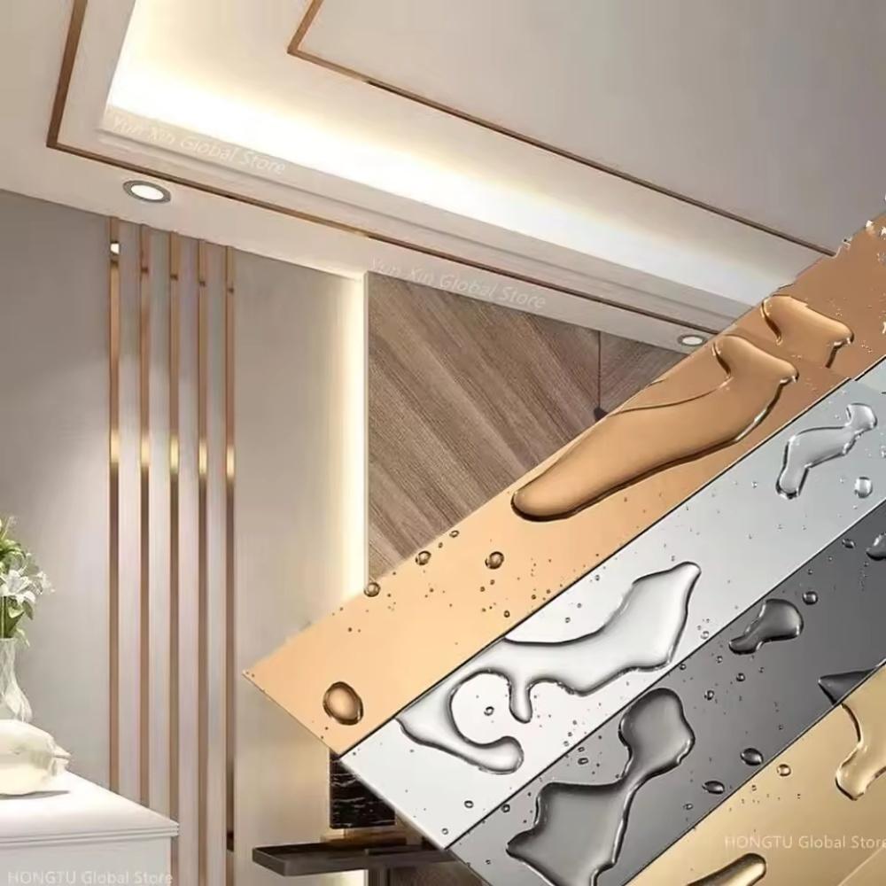 1pc 2.44m/96.06in Stainless Steel Decorative Strip Molding Wall Trim Tape Metal Strips Flexible Self Adhesive Edging Background