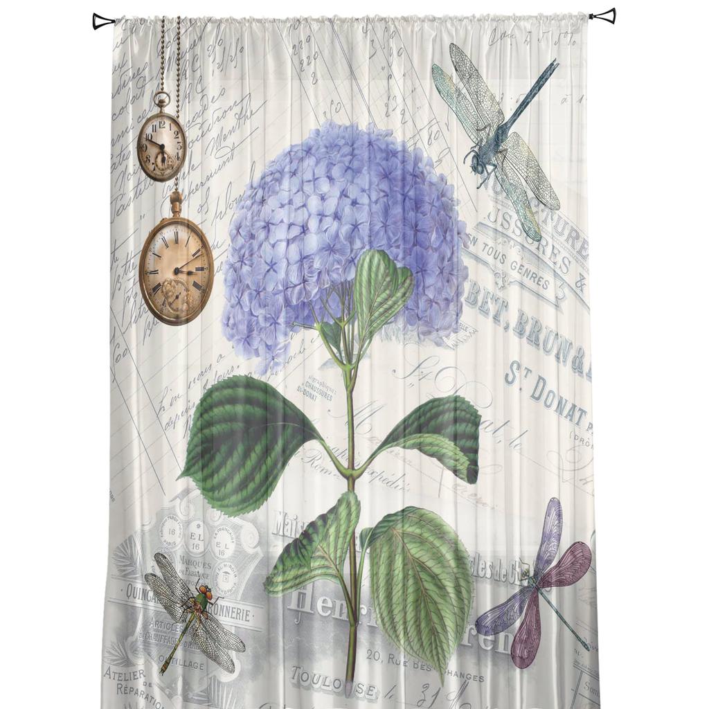 Purple Flower Dragonfly Clock Retro Tulle Curtain Voile Transparent Tulle for Bedroom Living Room Kitchen Sheer Window Curtains