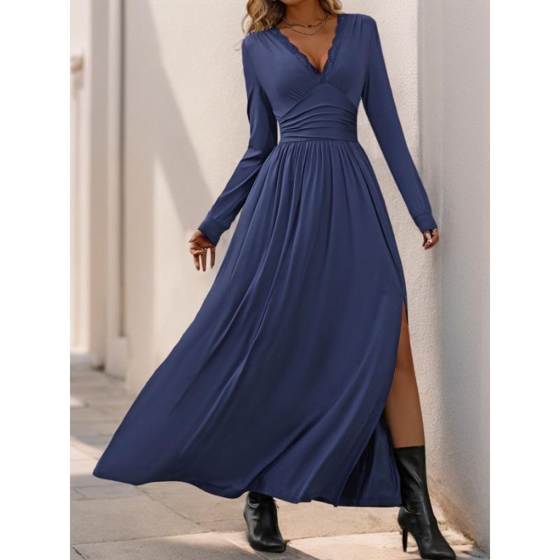 VEZFAA Women's Fashion Spring Fall Solid Color Print Long Sleeve V-Neck High Waist Casual Dresses