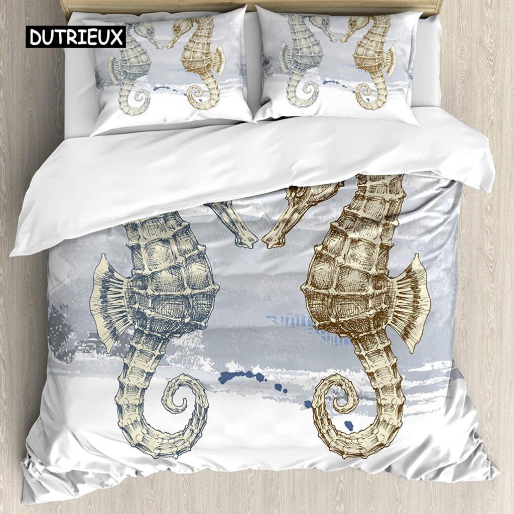 Seahorse Bedding Set Ocean Animal Duvet Cover Underwater World Orange Coral Marine Life Sea Urchin Soft Women Kid Bedroom Decor