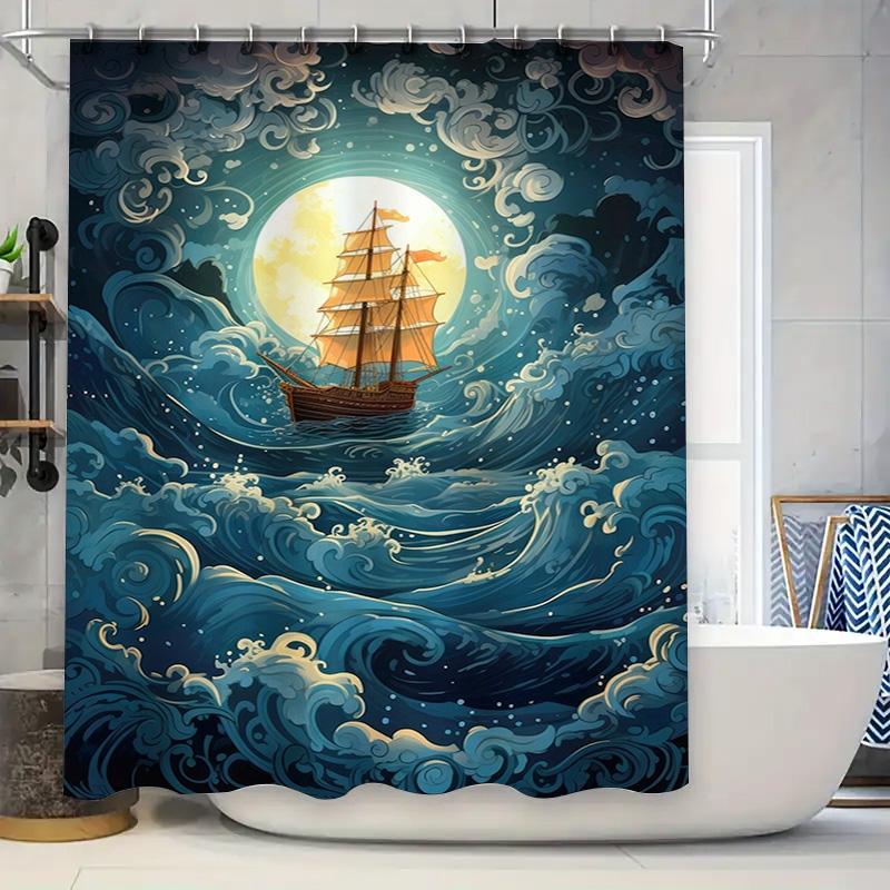 

Яркая Ночная Океанская Парусная Лодка Водонепроницаемая Шторка для Душа Современный Арт Декор для Ванной Комнаты Доступны Варианты Индивидуального Размера 90x180cm