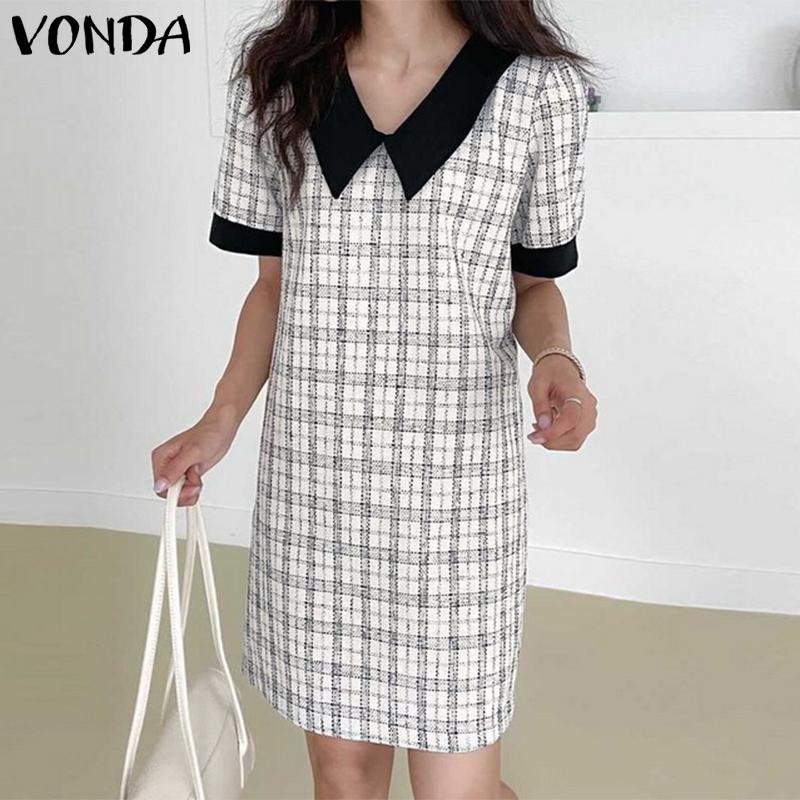 

VONDA женское летнее прямое короткое платье в клетку с короткими рукавами и лацканами, ароматное платье