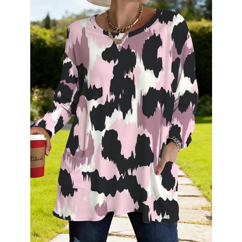 Women's large size pink leopard print loose long-sleeved top with pockets for women autumn fashion versatile casual T-shirt jacket