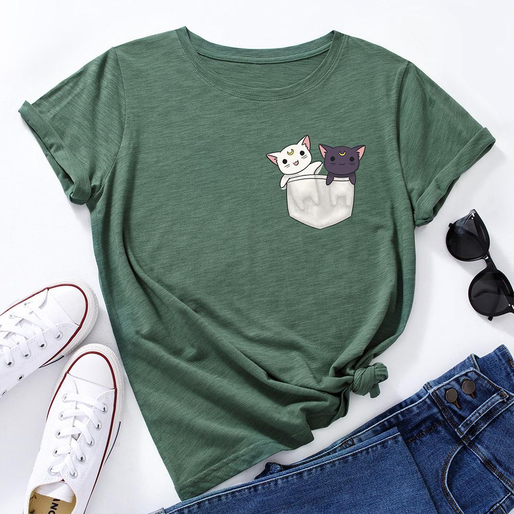 Cute Kitten Print Loose Round Neck Pure Cotton Short Sleeved Women's T-shirts