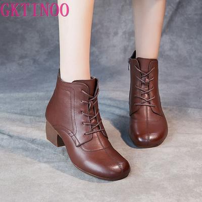 Mode GKTINOO Herbst Winter Warme Stiefel Damen 2025 Retro Handgefertigt Schnürstiefel Echtes Leder Runde Zehe Damen Dicke Ferse Stiefeletten