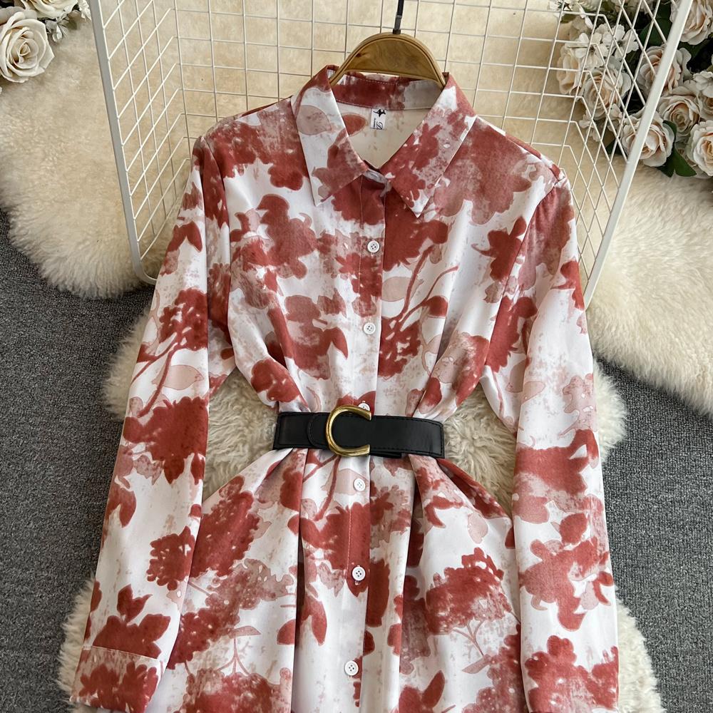 Nowa jesienna moda damska sukienka z kwiatowym nadrukiem skręcić w dół kołnierz z długim rękawem jednorzędowa linia w stylu vintage Midi sukienki imprezowe