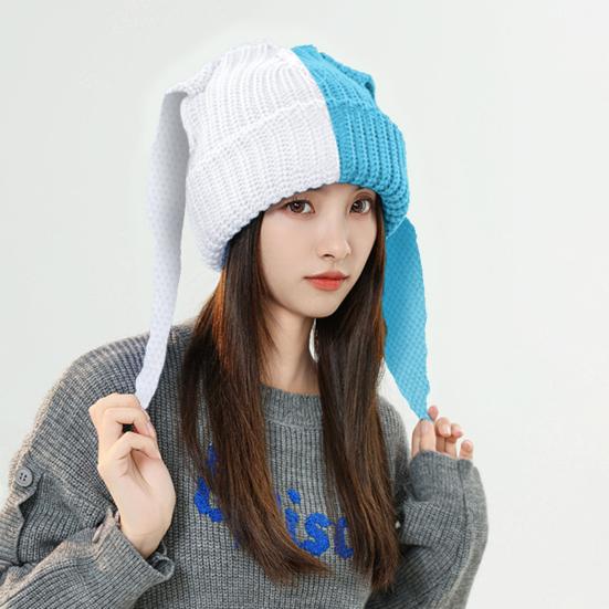 2Pcs 3D Long Rabbit Ears Beanie Hat, Women Bunny Knit Beanie Hat, Winter Warm Knit Rabbit Crochet Skull Hat, Patchwork Color ( Black & White, Blue &