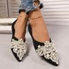New Crown Pearl Soft Flats Wedding Shoes Pointed Toe Women Dress  Low Pearl Heel Ladies Fashion Luxury Plus Size 43 Shoes