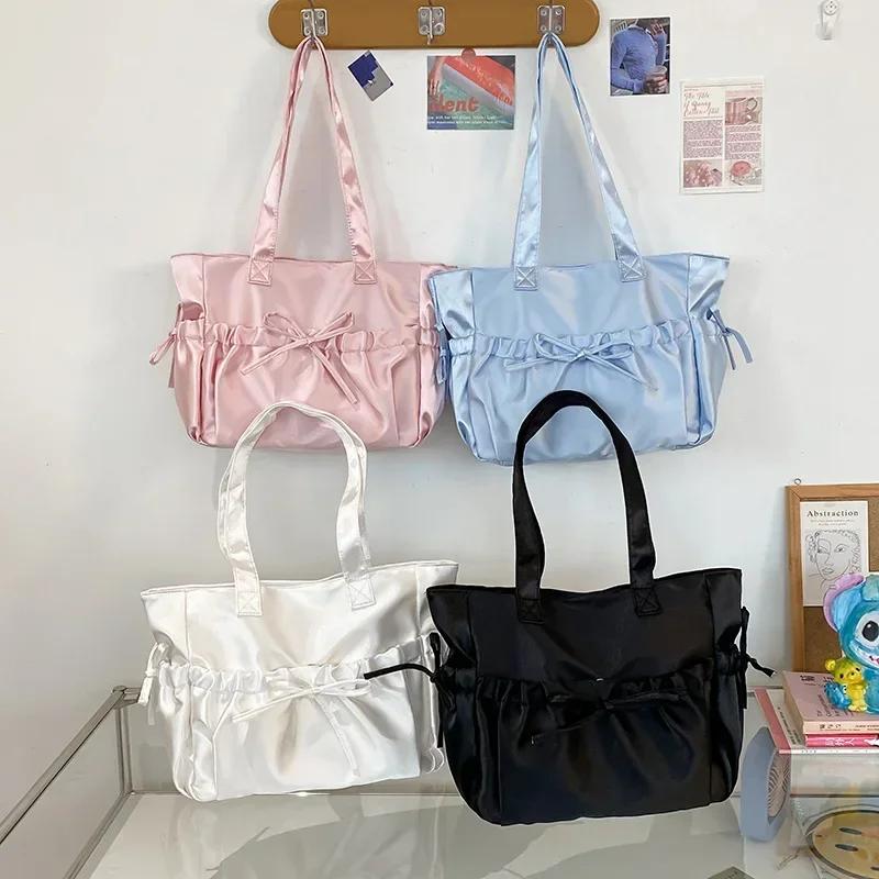 Elegant Bow Womens Shoulder Bag Nylon Pleated Korean Style Fashion Tote Bag Large Capacity Cute Pink Sweet Female Handbag