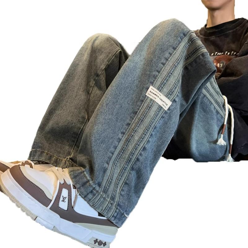 Striped jeans men's autumn and winter trendy brand American wide-leg pants 2025 new loose straight washed casual trousers