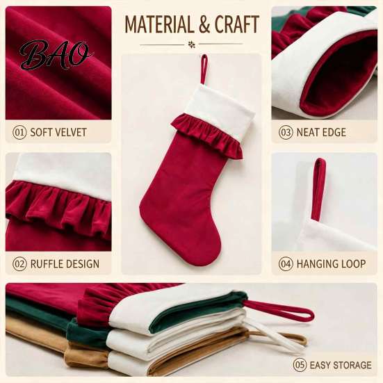 Festive Fireplace Mantle Decor Large Ruffled Cuff Christmas Stockings, Thick Xmas Gift Sack with Hanging Small Candy Pouches for Rope, Present
