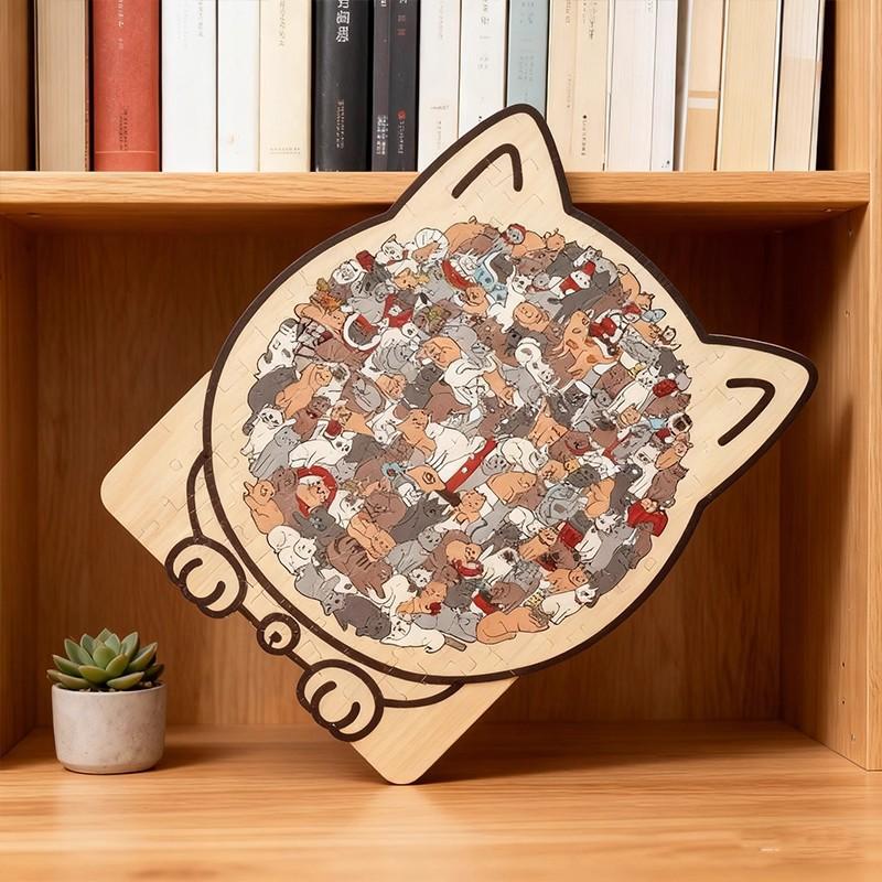 Cat Wooden Jigsaw Puzzle Irregular Shape Decompression Toy Unique Animal Puzzle with Frame Home Decor Gift for Adults Kids