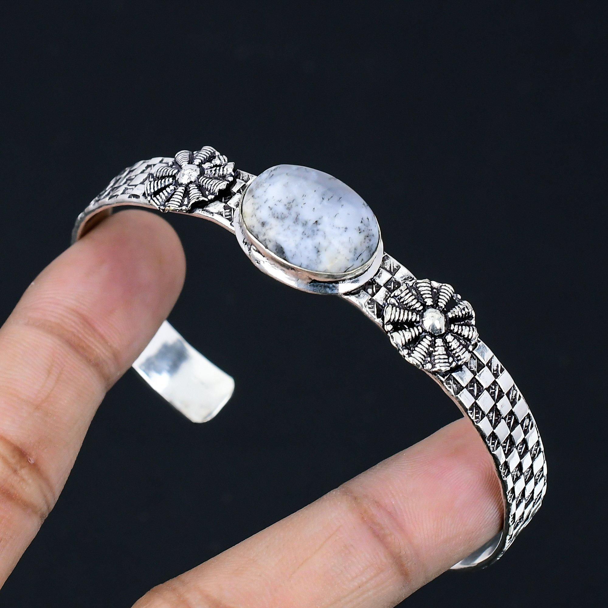 

Daughters Day Sale 925 Sterling Silver Oval Dendrite Opal Stone Bangle Bracelet Adjustable