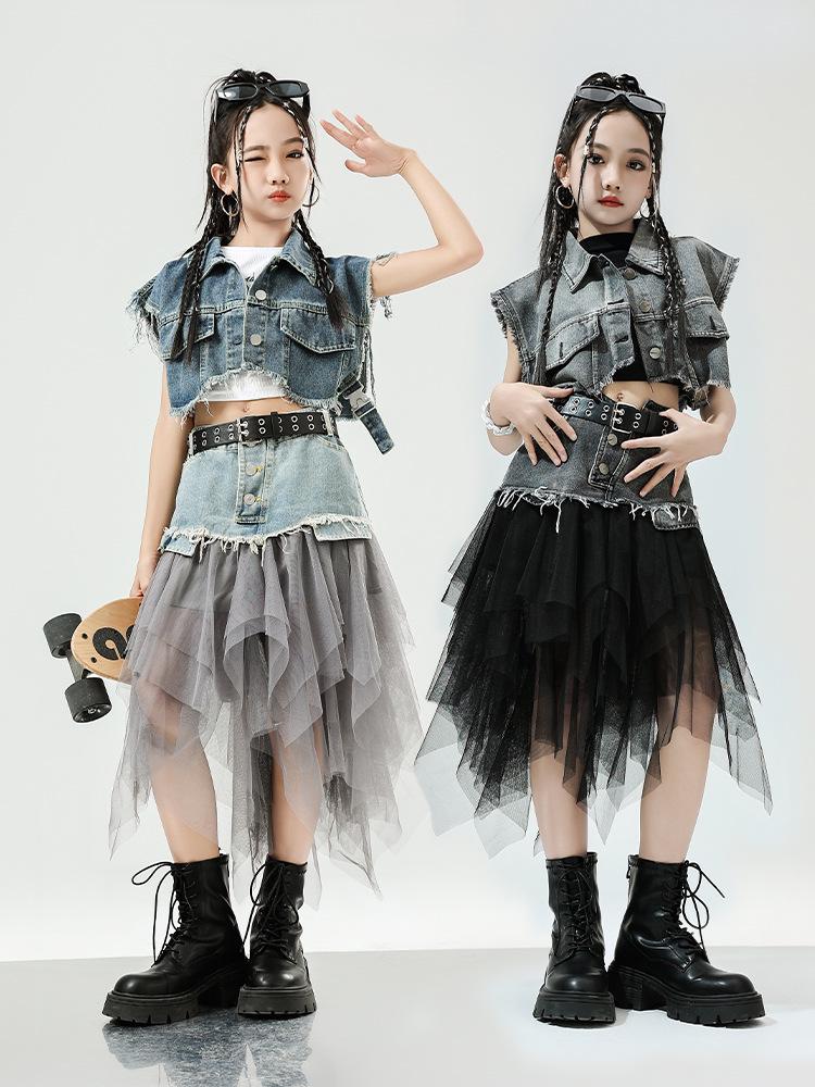Mädchen Jazz Dance Hip Hop Denim Performance Outfit - Trendiges Kinder Laufsteg Set
