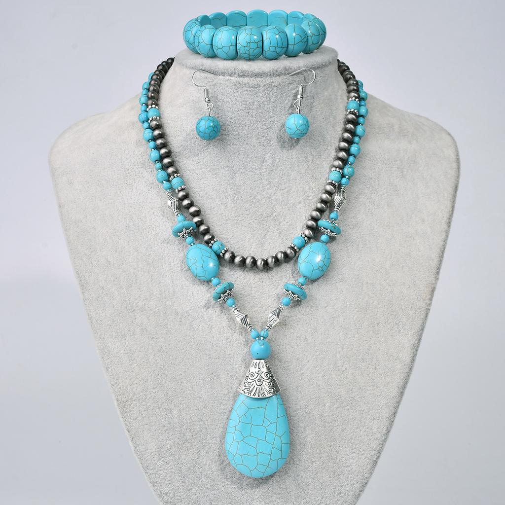 Vintage Round Beads Synthetic Turquoise Necklace Bracelet Earrings Set Women's Classic Trendy Holiday Handmade Zircon