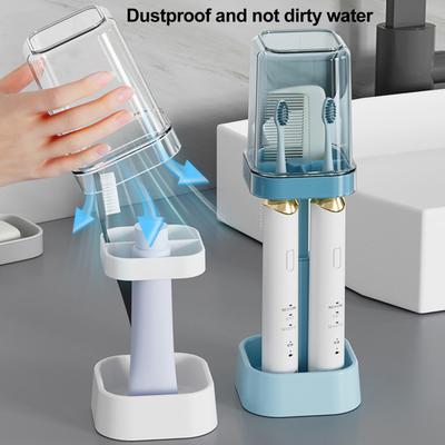 Toothbrush Stand with Cup Dustproof Adjustable Height 3 Slots Electric Toothbrush Toothpaste Holder Multi-Function Organizer