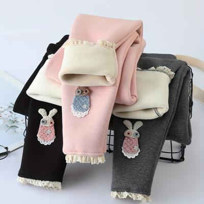 Herbst Neue Mädchen Thermounterhose, Winter Verdickt -Gefüttert 95% Baumwolle Mittlere Taille Cartoon Hase Kontrastspitze Warme Hose für Kinder
