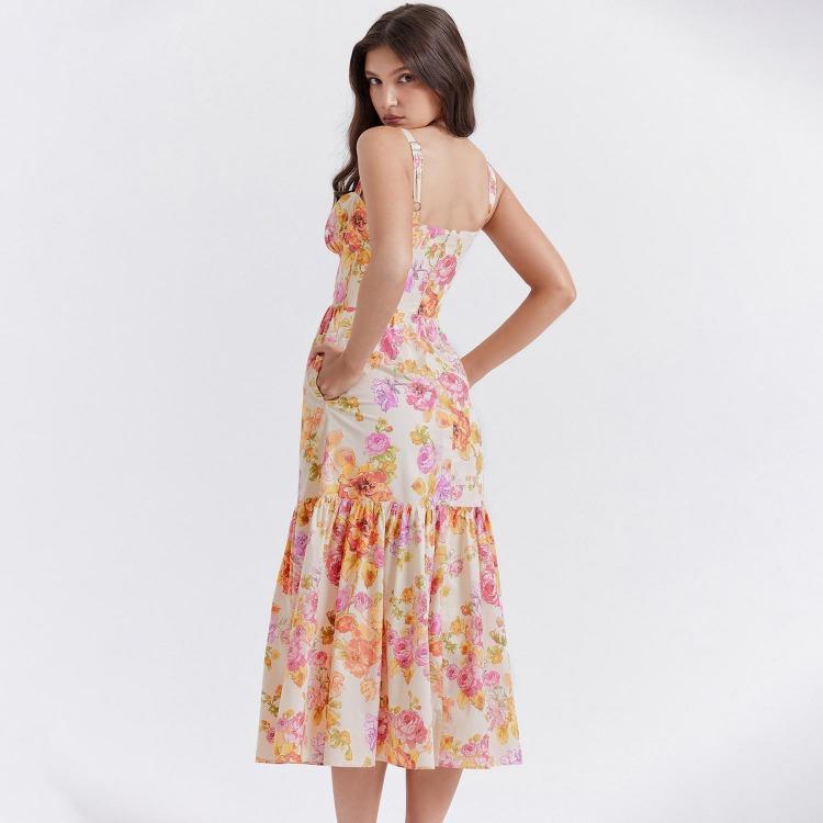 Summer Women Sleeveless Halter Square Neck Pleated Print Ankle Length Dress
