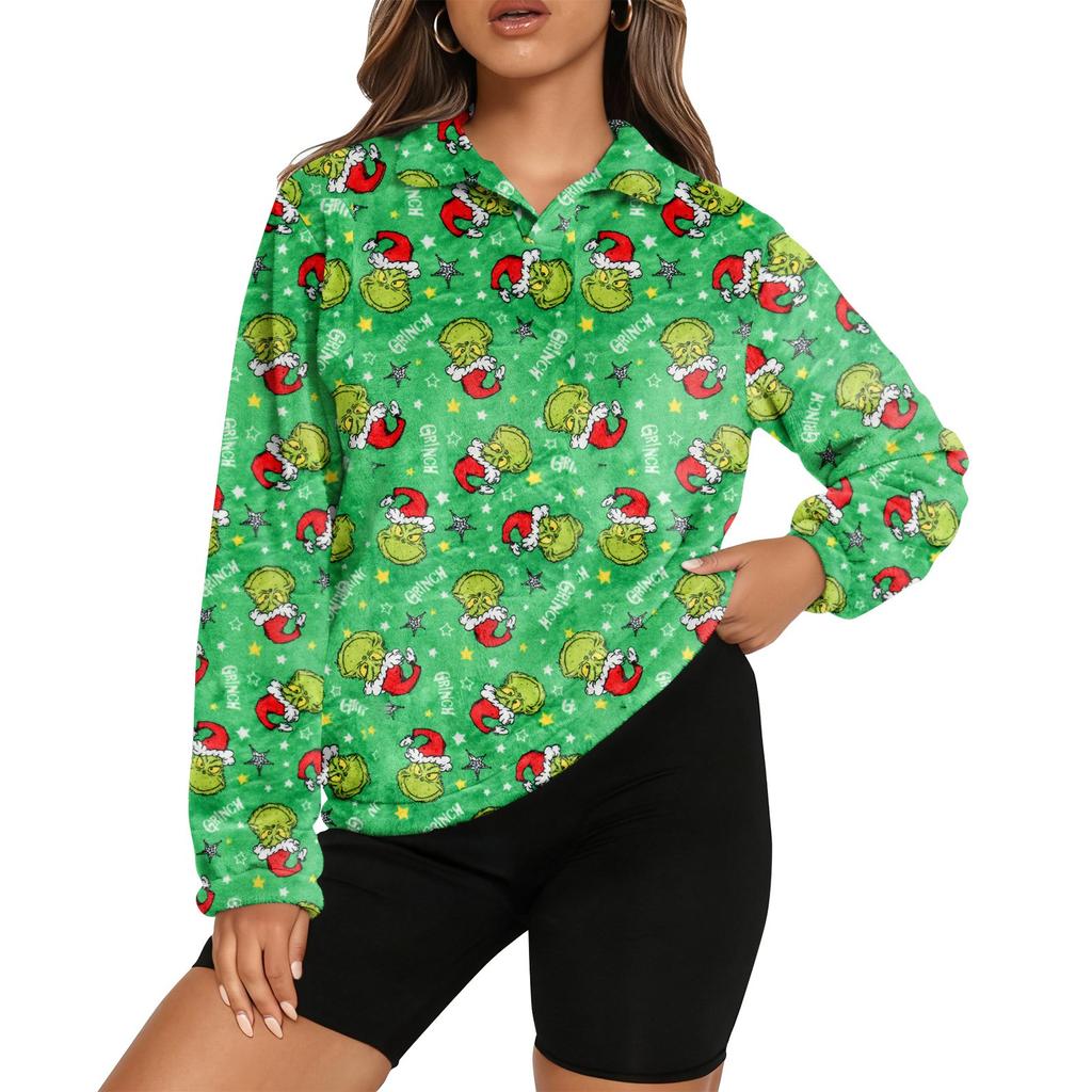 Women's Stand Collar Pullover Long Sleeve Top Christmas Print Sports Top