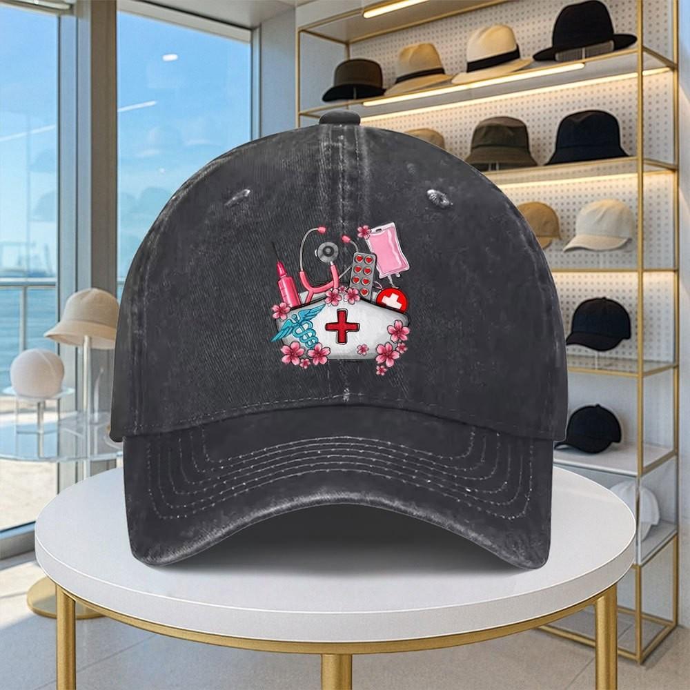 Nurse Medical Print Baseball Cap Washed Denim Adjustable Sun Visor Casual Outdoor Hat