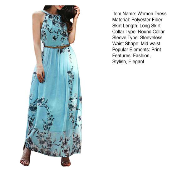 Women's Floral Maxi Dress Sleeveless Halterneck Chiffon Midi Dress Summer Boho Sundress with Belt for Vacation Wedding Cocktail Prom Party