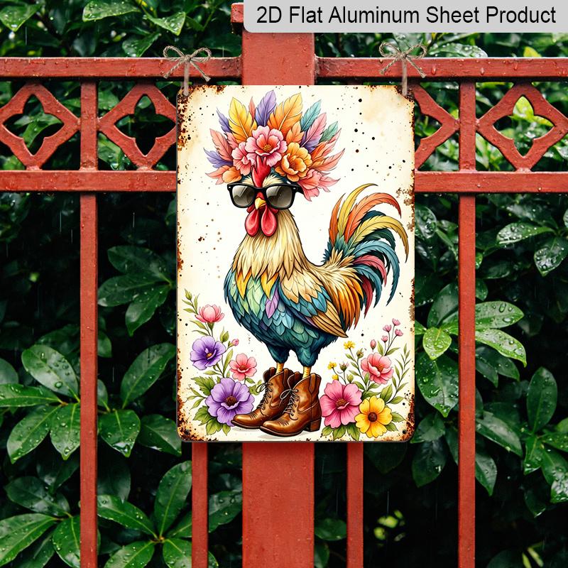 2D Flat - Cool Rooster with Sunglasses & Flowers Metal Sign - Funny Farmhouse Decor Durable Aluminum Material 8*12 Inches Farmhouse Kitchen Wall
